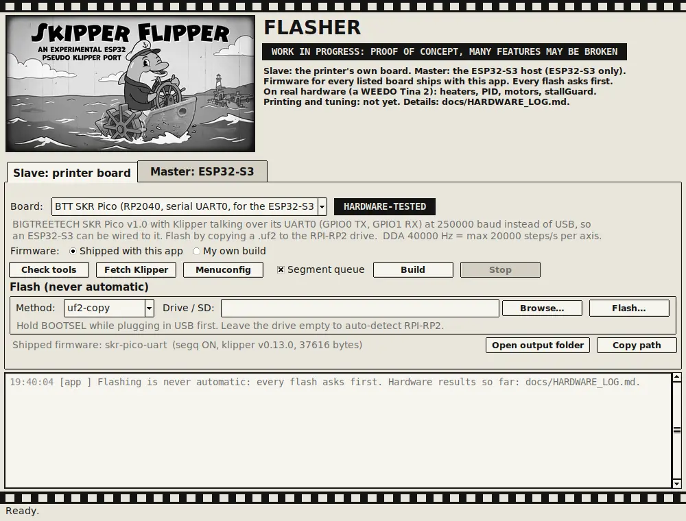 The Flasher window, Slave tab, with the BTT SKR Pico (UART) firmware selected, marked hardware-tested