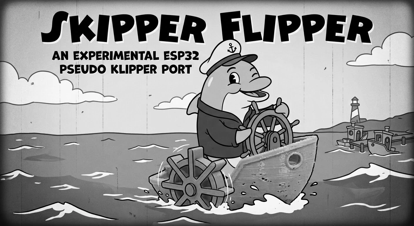 Skipper Flipper: an experimental ESP32 pseudo Klipper port. A cartoon dolphin in a captain's hat steers a 3D-printed paddle boat.