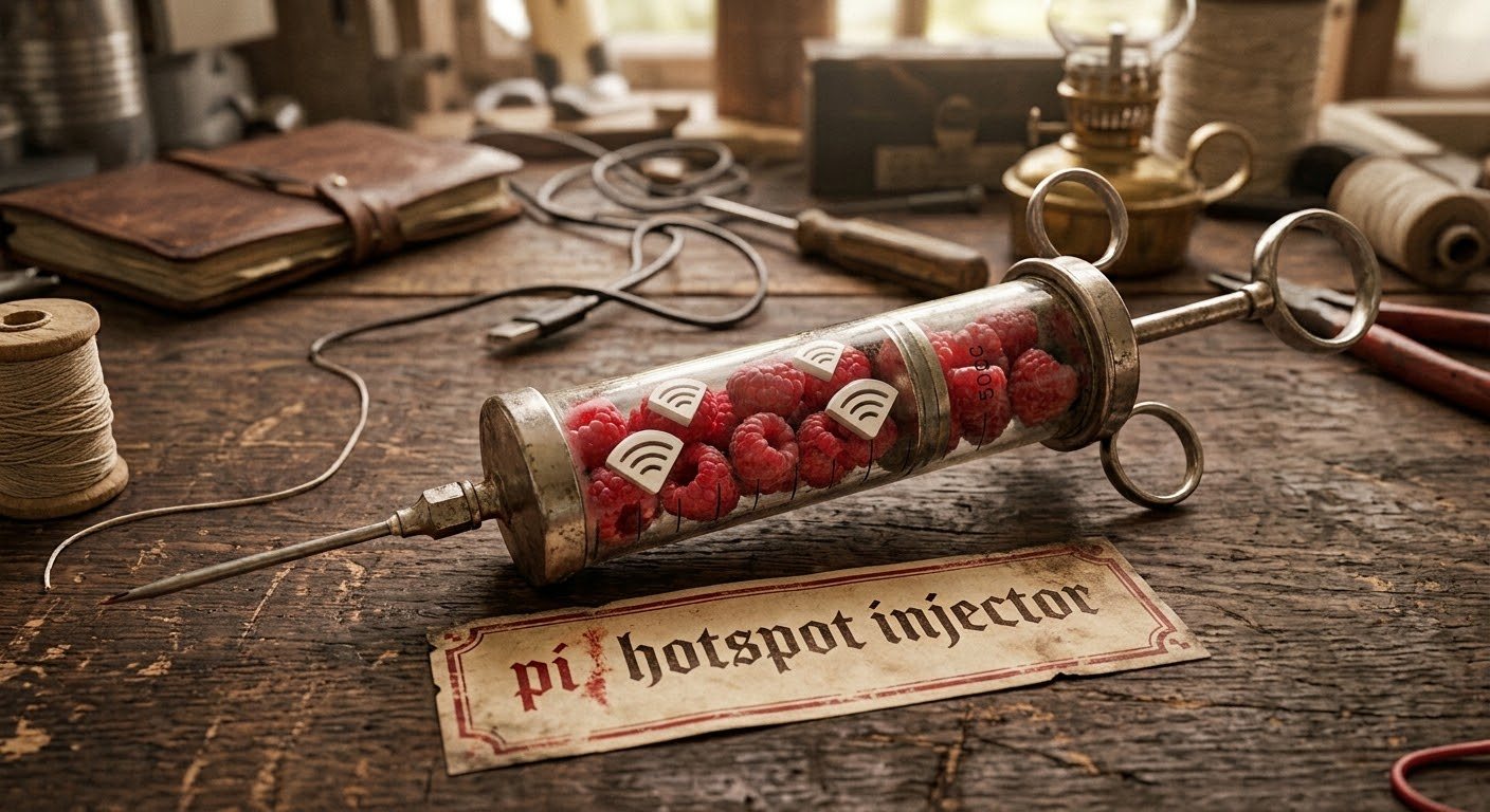 A vintage glass syringe filled with raspberries and Wi-Fi symbols on a workbench, labelled pi hotspot injector