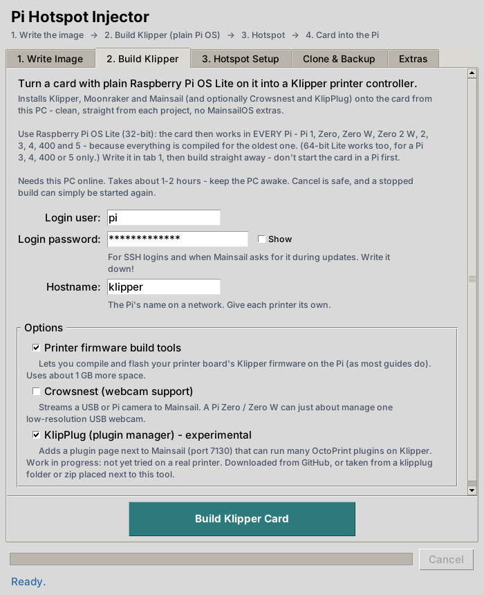 The Build Klipper tab