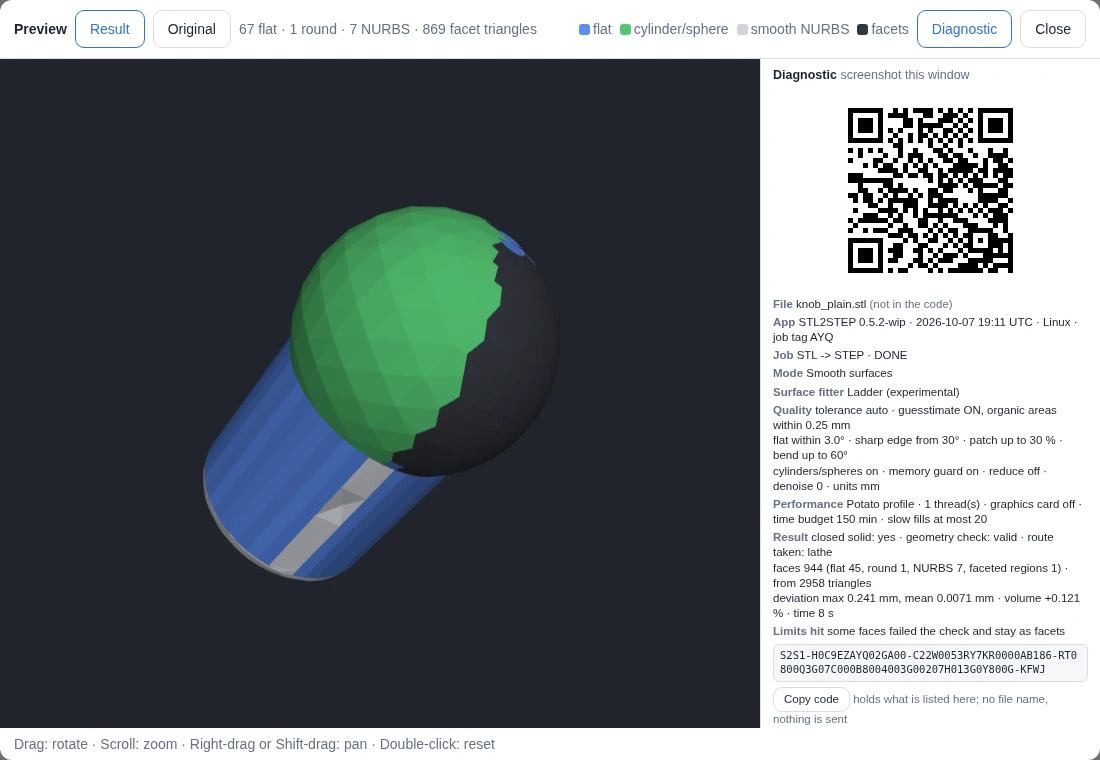 Preview window with the diagnostic panel: QR code, settings and result