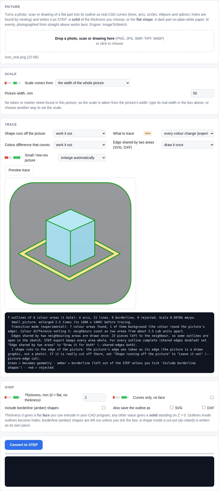 Image to STEP tab tracing every colour change of an icon